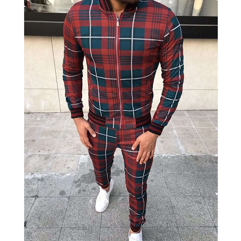 New Men's Leisure Suits Tracksuits Men Grid Two-piece Patchwork Zipper Tracksuits Small leg Trouser Sportswear New Man Sets