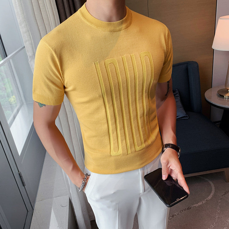 Men's Short-sleeved Solid Color T-shirt, Round Neck, Knitted T-shirt