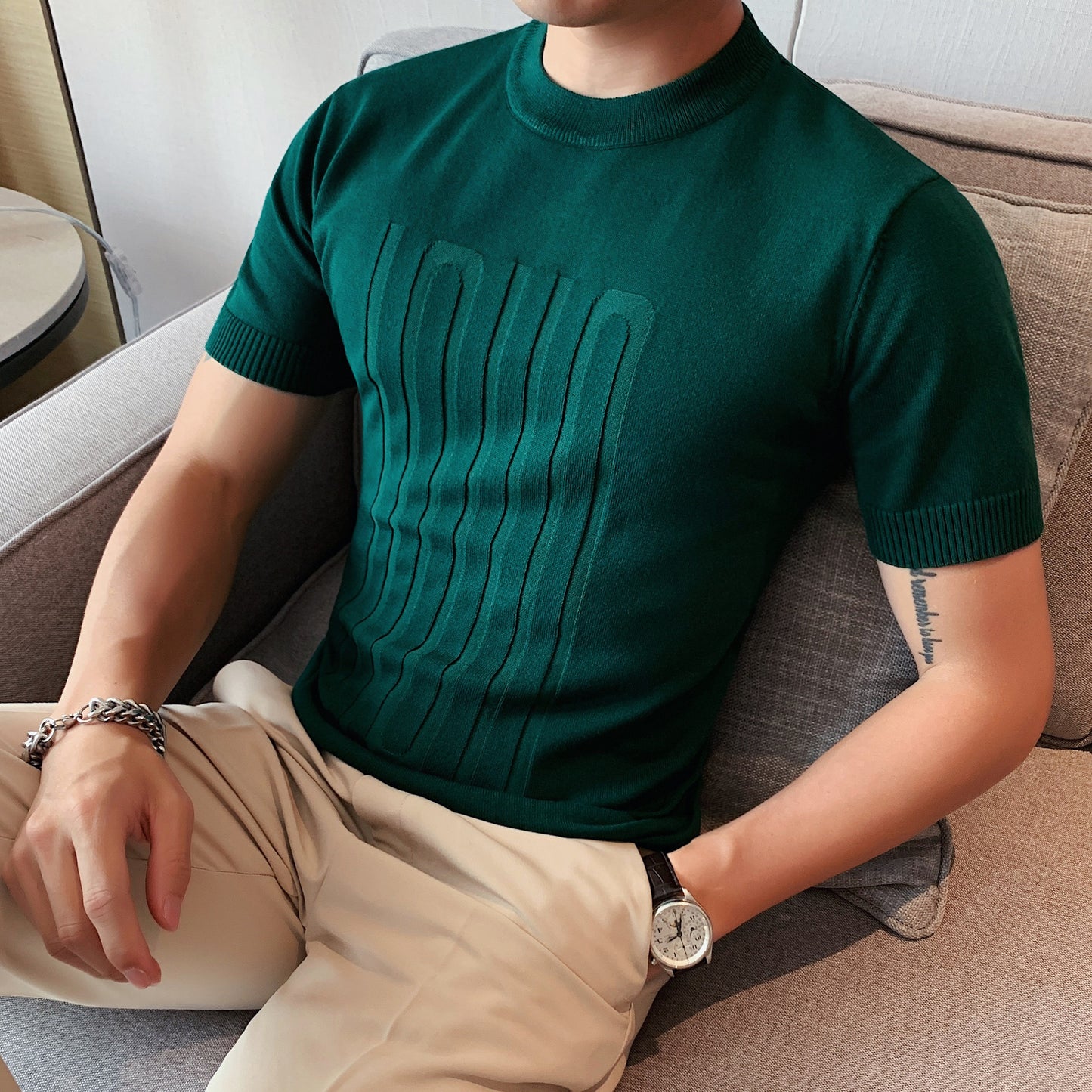 Men's Short-sleeved Solid Color T-shirt, Round Neck, Knitted T-shirt